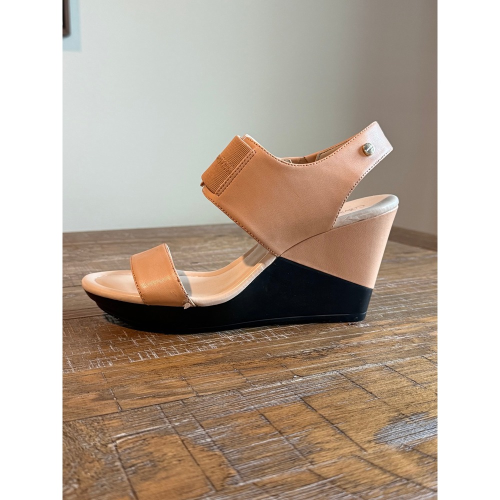Calvin Klein Madda Tan Leather Wedge Sandals Women US 7.5 EU 37.5